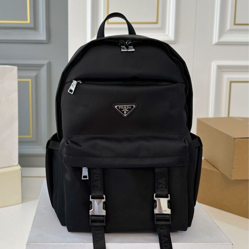 Backpack Prada Black Nylon with Silver Buckles PD058